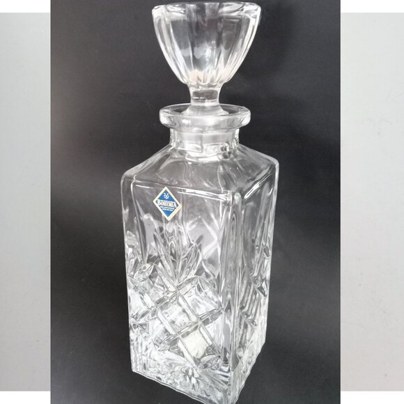 Vintage Bohemian Crystal Liquor Decanter Square Faceted Cut Glass - Picture 1 of 14